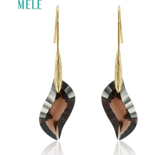 Natural Crystal 925 silver earrings smoky white crysstal leaf earrings Eardrop womens special design 10X22mm Slender leaf shape