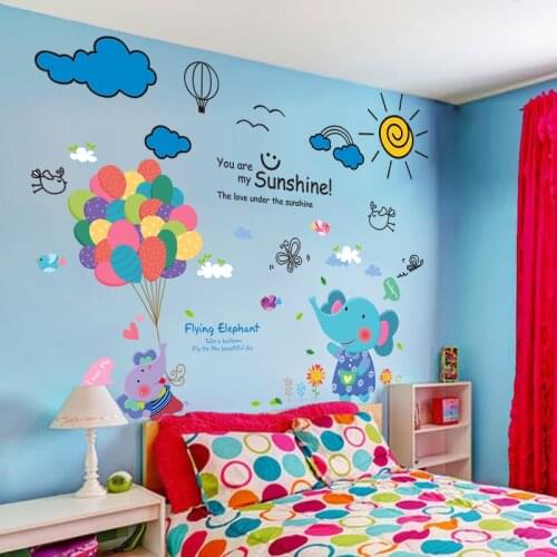 [SHIJUEHEZI] Elephant Animals Wall Stickers DIY Cartoon Clouds Balloons Wall Decals for Kids Bedroom Nursery Home Decoration