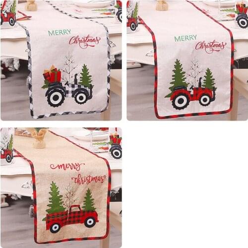 183*33cm Red Black Plaid Cartoon Christmas Tractor Tablecloth Table Runner Hotel Home New Year Decor Xmas Party Dinner Supply