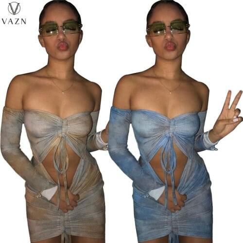 VAZN 2021 Off Shoulder Print Full Sleeve Boho Summer Beach Top Tube Shorts 2PCs Set Beach Clothing Ladies Women Suits