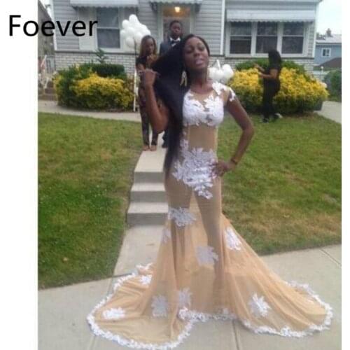 Special occasions dress Robe De Soiree Long Champagne Sheer Appliques Prom Dress 2019 Black Girls Vestido De Noche