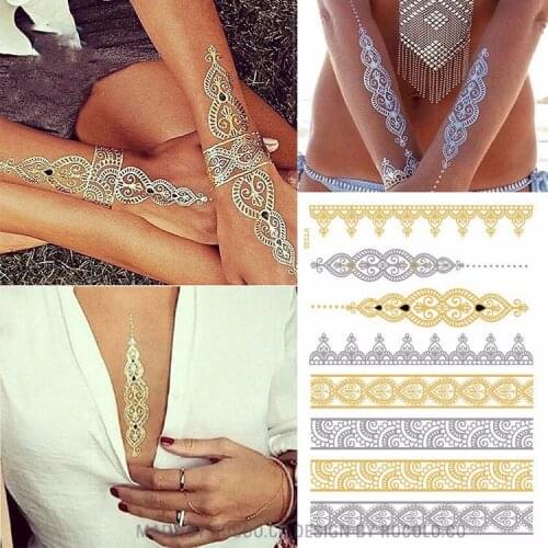 Waterproof Temporary tattoo Sticker gold sliver metallic metalic henna hair tatto flash tatoo fake tattoos for women 27