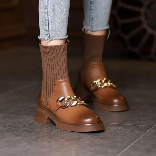 2021 winter Genuine Leather Women Boots Slip-on Ankle Boots Round Toe Platform Shoes Stretch Women Shoes Modern Shoes