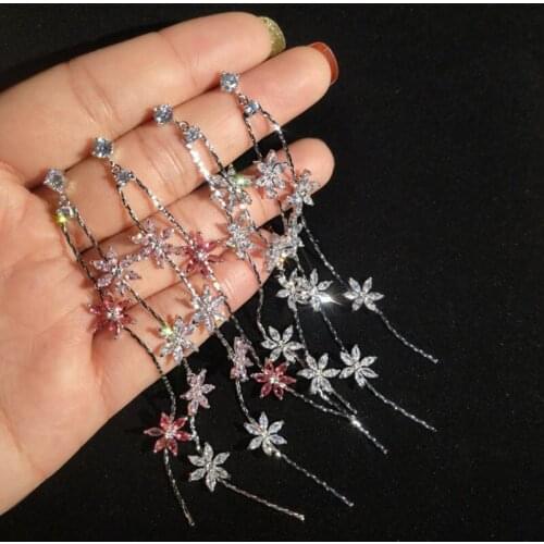 Top Quality Gorgeous Flower Earrings S925 Silver Needle Long Style Flower Chain Drop Earrings CZ Jewelry For Women Wedding