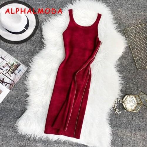 ALPHALMODA Round Collar Sleeveless Sexy Sundress Side Zipper Wrapped Hip Side Pullovers Mini Summer Knitted Dress