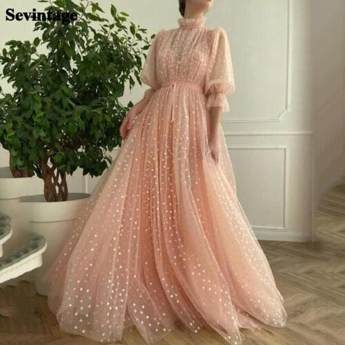 Sevintage Hearty Tulle Long Prom Dresses High Neck Half Sleeves Evening Dress Pleats Sashes Formal Women Wedding Party Gowns
