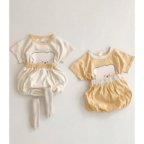 MILANCEL 2021 Summer New Baby Suit Cute Bear Print Tees and Solid Shorts 2Pcs Korean Infant Set Cotton Toddler Clothes