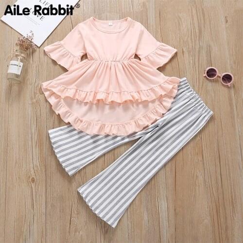 2019 Girls Clothes Suit Short-sleeved Cotton Shirt Striped Pants 2 Piece Suit Swallowtail T-Shirt Leggings Set Kids Clothing Set