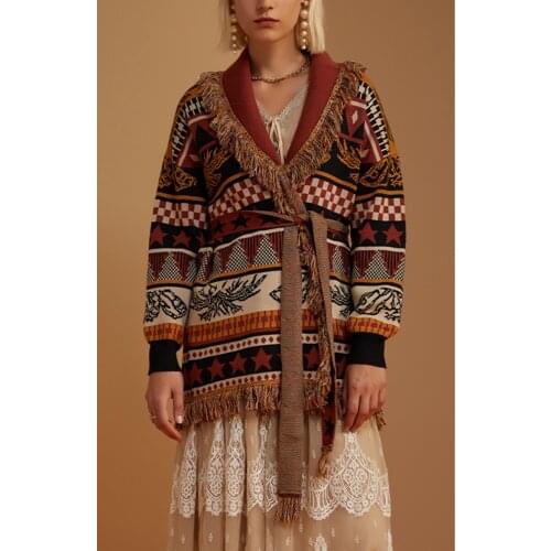 2021 Luxury High Quality Women Wool Sweater Female Jacquard Tassel Knitted Cardigan Coat