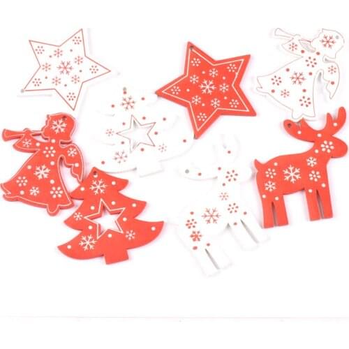 5pcs+1m hemp rope Red and white Christmas Tree Ornament Wooden Hanging Pendants Christmas tree Christmas Decorations for Home