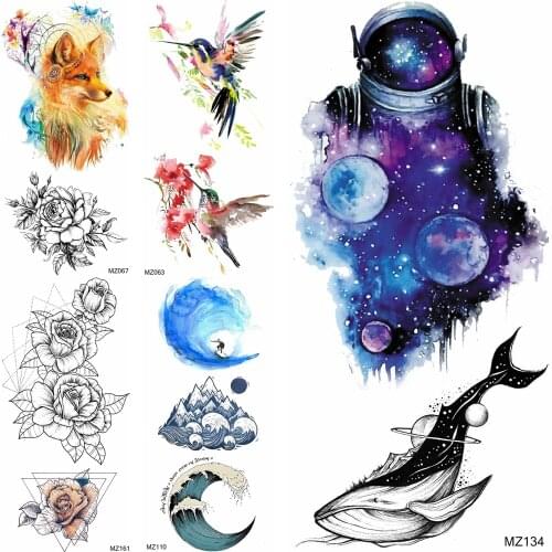 Watercolor Astronaut Temporary Tattoos Fake Fox Hummingbird Wave Flower Tatoo Waterproof Dreamcatcher Planets Tattoos For Adult