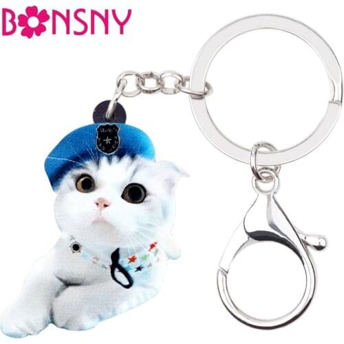 Bonsny Acrylic Sweet Beret Kitten Cat Key Chains Keychains Rings Fashion Animal Handbag Car Purse Charms Jewelry For Women Girls