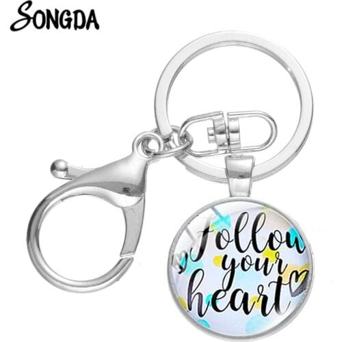 Beautiful Letters Inspirational Quote Key Ring Time Gem Glass Dome Art Photo Pendant Solid Color Leather Tassel Keychain for Her