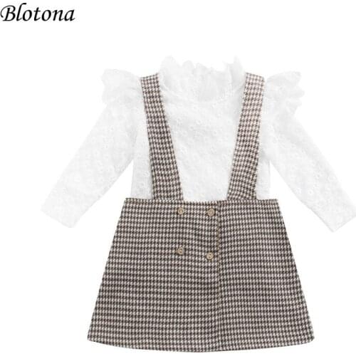 Blotona Kids Fashion 2Pieces Suit Set, Lace Floral Stand Collar Long Sleeve Tops+ Plaid Suspender Skirt for Girls, 1-5Years