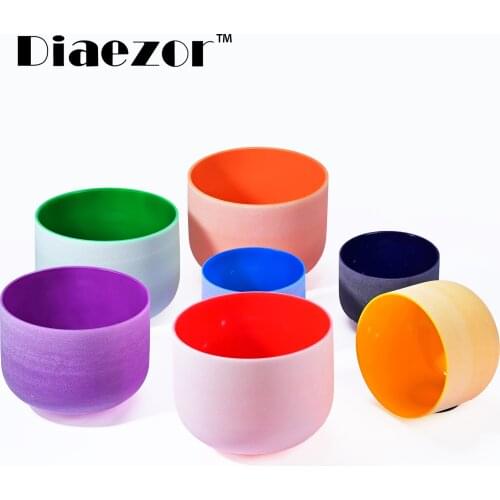 Diaezor 8"-12" Colored chakra frosted quartz crystal singing bowls set 7 pcs Notes for Meditation sound healing bowl