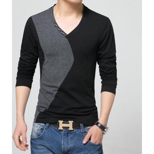 Autumn Mens T Shirts Fashion 2021 New Streetwear Long Sleeve V Neck Patchwork Oversized Cotton Tees Male Clothes Camiseta Hombre