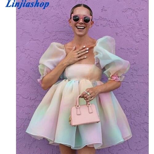 Sweet Women Multicolor Tie Dye Princess Party Mini Dresses Sexy Square Neck Puff Sleeve Organza Dress Summer Short Vestido