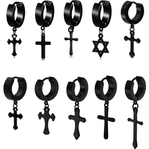 Fashion Cross Pendant Stainless Steel Earrings for Women Hip Hop Party Men Cartilage Piercing Stud Ear Jewelry Gifts 2pcs