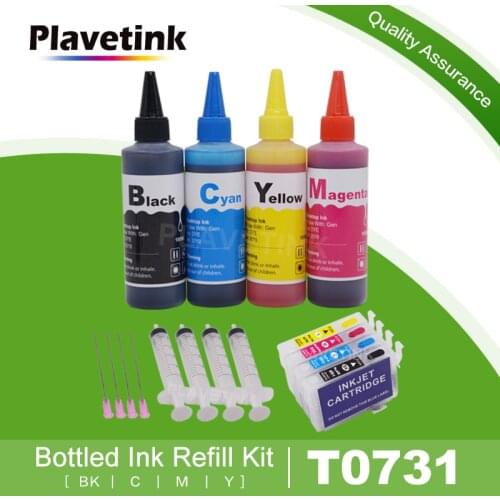 Plavetink 100ml Printer Ink Refill Kit + Refillable Ink Cartridges T0731 For Epson Stylus T13 TX102 TX103 TX121 C79 Printers