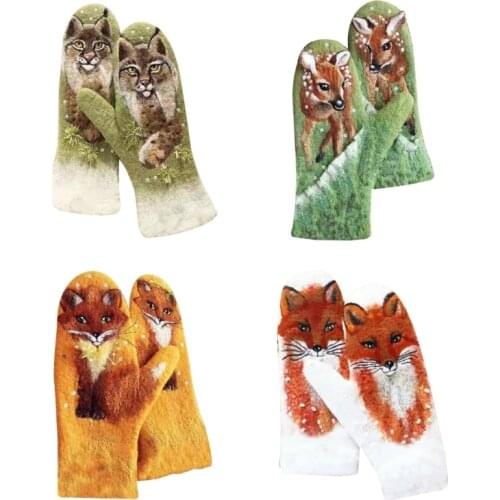 Women Elegant Winter Faux Cashmere Full Finger Gloves Sweet Colorful Animal 3D Print Thicken Warm Outdoor Windproof Thermal Mitt