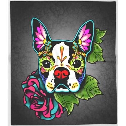 Sugar Skull Blanket Cool Design Boston Terrier in Black Fleece Blankets and Throw Blanket for Bed Christmas Decorations for Home