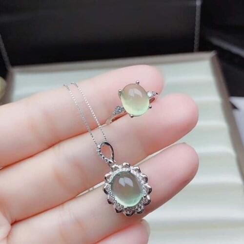 S925 Natural Prehnite Jewelry Sets for Women Party Necklace and Ring Fine Jewelry Gifts Green Transparent Gemstone Top Quality