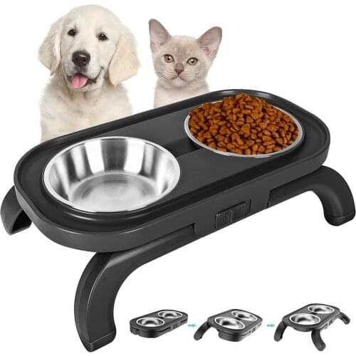 Folding Pet Dog Bowl Stainless Steel Double Bowl Stand Non-Slip No Spill Dog Smart Height Adjusts Cervical Protectionto Cat Bowl