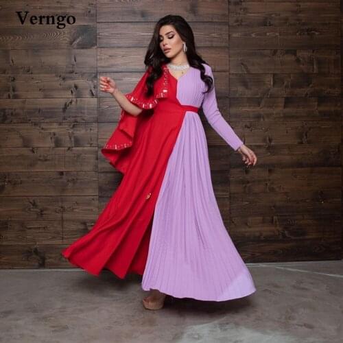 Verngo Red And Lilac Draped Evening Dress Long Sleeve Cape 2021 Dubai Arabic Prom Gowns Ankle Length Plus Size Formal Dress