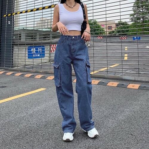 New Female Trousers Plus Size Spring Autumn Loose Versatile Big Pocket Blue High Waist Slim Straight-Leg Jeans Femme Nouveau