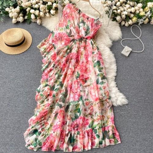 SINGREINY Women Boho Floral Maxi Dress Korean Sexy Diagonal Collar Ruffles A-line Dress Summer Off Shoulder Vacation Long Dress
