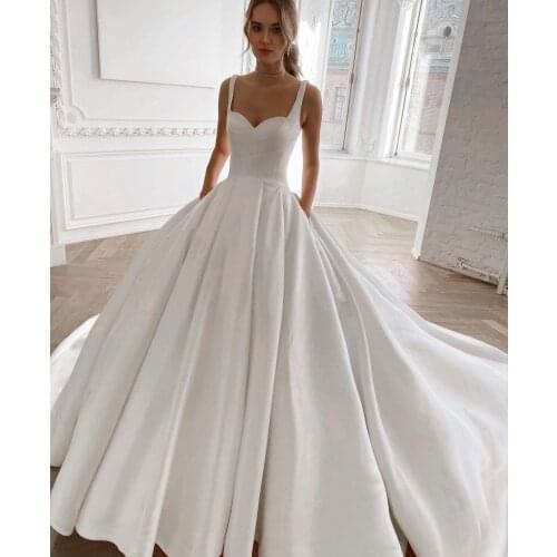 Elegant Long Satin Pleated Wedding Dresses with Pockets A-Line Corset Back Vestidos de Novia Abendkleid Bridal Gown for Women