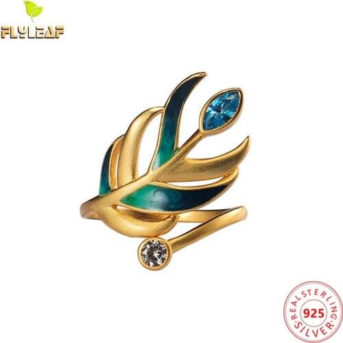 925 Sterling Silver Zircon Enamel Feather Open Rings For Women 14k Gold Jewelry Ethnic Style Lady Mother Gift Flyleaf New Arriva