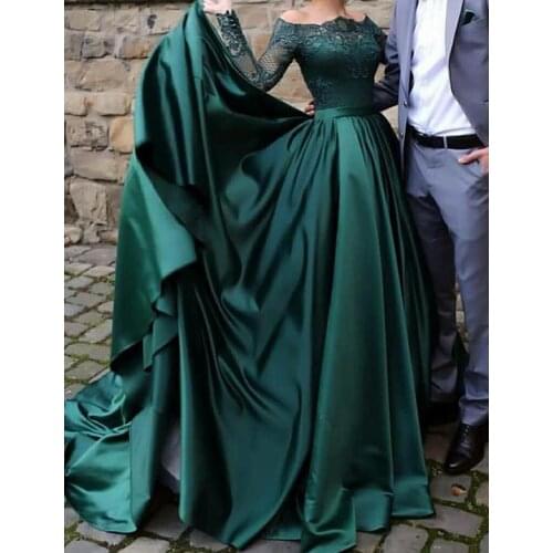 CloverBridal Off The Shoulder Long Sleeves Satin A-line платье на выпускной Lace Appliques robe de soirée de mariage WE9574