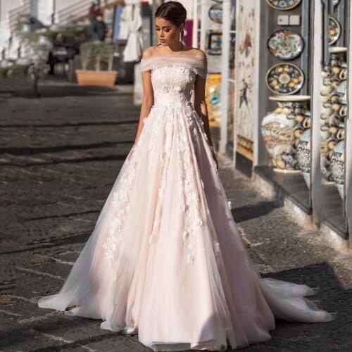 Thinyfull 2020 Elegant Wedding Dresses A Line Boat Neck Off The Shoulder Bride Dresses Button Lace Appliques Vestidos de novia