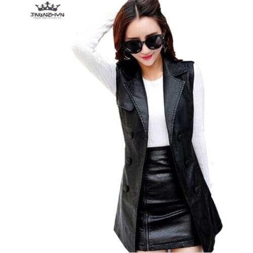 Tnlnzhyn 2019 New Spring Autumn Women leather Vest Waistcoat Fashion Double breasted PU Vest Coat long leather Outerwear Y1143
