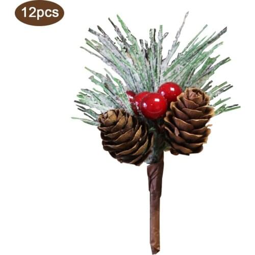 12pcs Simulation Flower Red Christmas Berries Pine Cone Picks Stems with Holly Branches for Holiday Home Party Decor