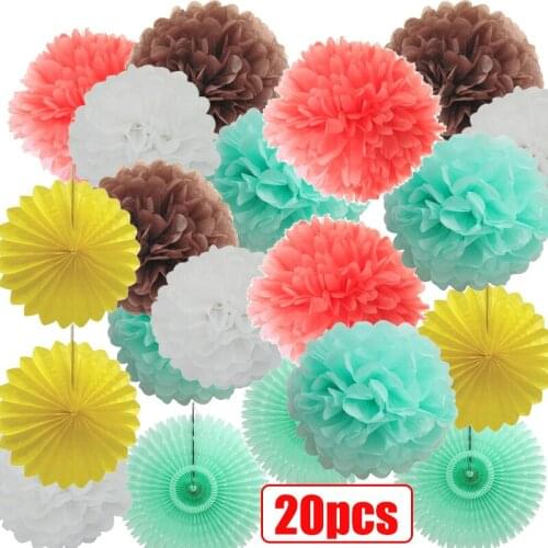 20 pcs/lot Big 14" (35cm) Paper Colorful Pom Pom and Fan Wedding Easter Mint Green and WaterLemon Red Coral Garden Hanging Decor