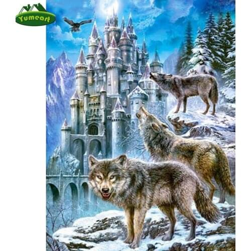 YUMEART Full Square DIY Diamond Embroidery Wolves and Castle 5D Diamond Painting Cross Stitch Rhinestone Mosaic Wall Decor