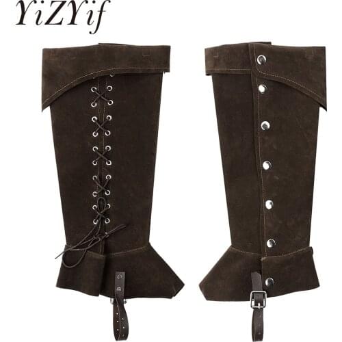 1Pair Men Renaissance Medieval Cosplay Halloween Boots Frosted Leather Knee High Retro Stage Pirate Side Buttons Tie Shoes Cover