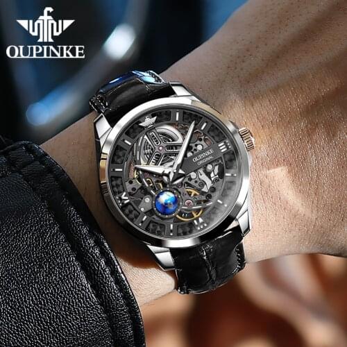 OUPINKE Automatic Mechanical Watches Hollow Waterproof Luminous Men Watch Skeleton Water Ghost Luxury Sapphire Men Watches 3268