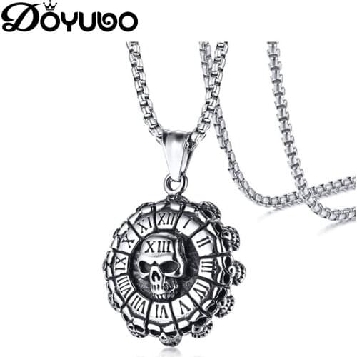 DOYUBO Trendy Mens 316L Stainless Steel Skeleton Charms Necklaces With Rome Figures Antique Male Round Pendant Necklaces DC237