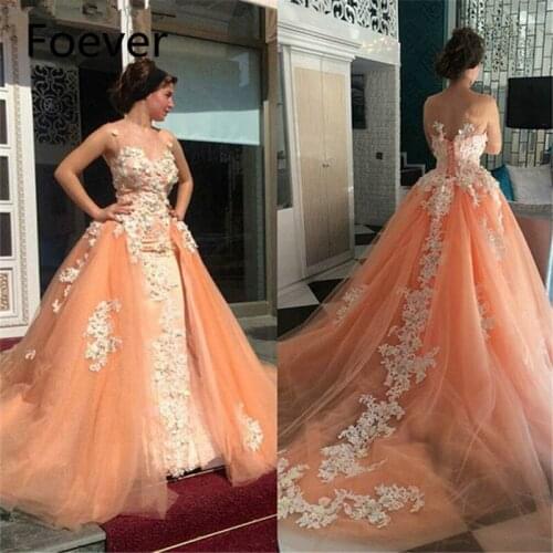 Dubai Kaftan Muslim Evening Dress with Detachable Train Orange Tulle/Patch Lace A-Line Prom Dresses Long