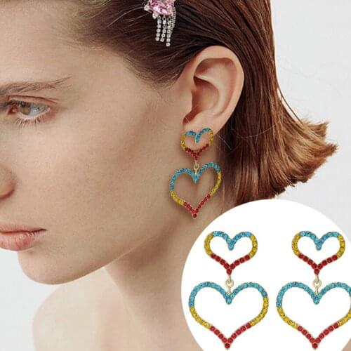 Double Heart Drop Earring for Women Colorful Rhinestone Statement Dangle Earrings New Design Fashion Jewelry for Party SR1120