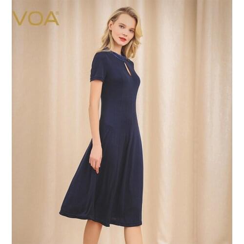 VOA Half Navy Blue Double-Sided Silk Knitted Collar Hollow Pearl Buckle Super Elastic Soft Breathable Dress A10618