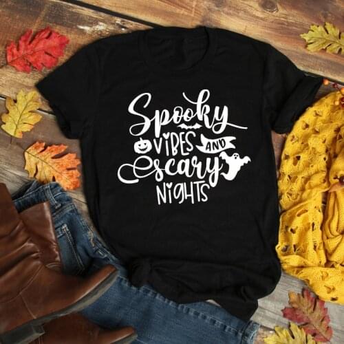 Spooky Vibes And Scary Nights T-shirt Trendy Women Graphic Autumn Holidays Tops Tees Funny Unisex Hipster Halloween Party Tshirt
