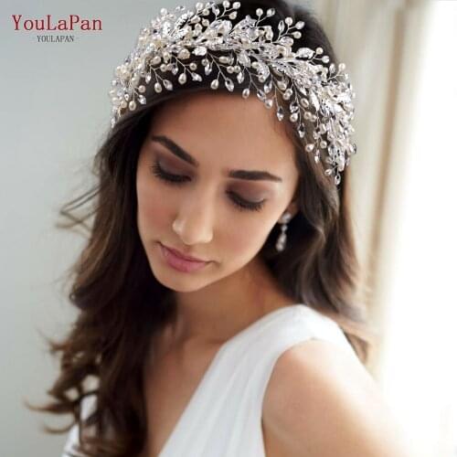 YouLaPan HP322 Silver Rhinestone Headband for Women Tiara Pearl Headpiece Wide Bridal Hair Pieces Wedding Crown Leaves Headwear