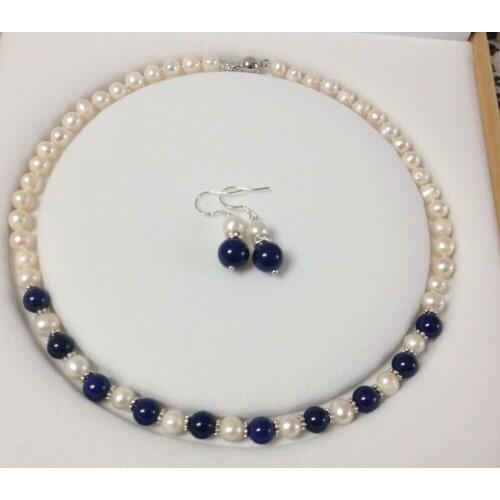 Beautiful 7-8 mm Natural White Pearl/Lapis Lazuli Round Beads Necklace + Earrings set