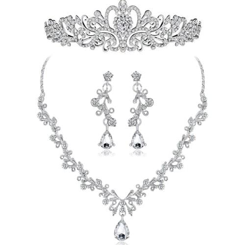 FARLENA Bridal Jewelry sets Fashion Crystal necklace earrings and crown set for Women Wedding Accessories