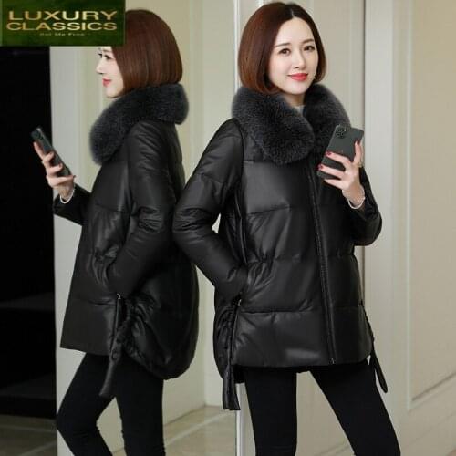 Genuine Leather Jacket 100% Women Winter Real Fox Fur Collar Sheepskin Duck Down Coat Female Korean Leather Jackets 2099