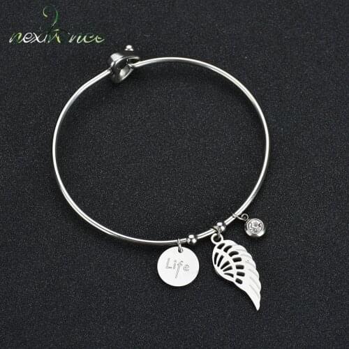 Nextvance CZ Stone Angel Wing Pendant Bangle Silver Color Stainless Steel Life Bangles for Women Girl Gift Bijoux Femme